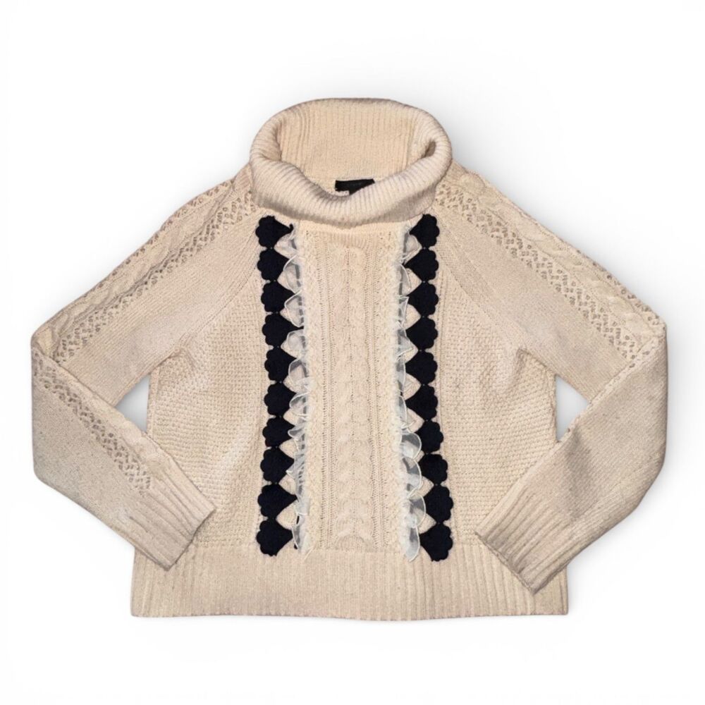 J. Crew Turtleneck Sweater White with Black Ribbon and Lace XS Cottage Twee